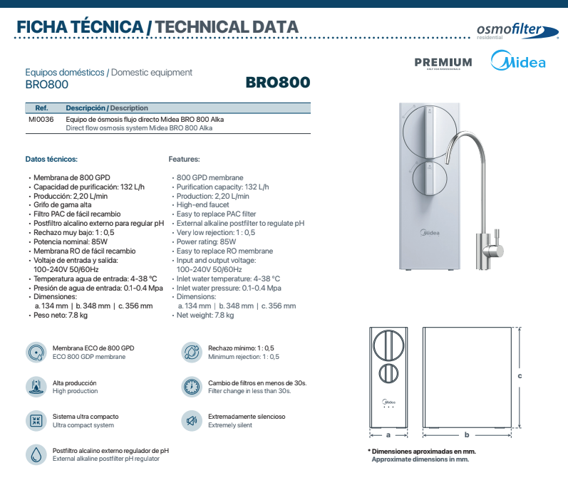 OSMOSIS FLUJO DIRECTO MIDEA BRO 800
