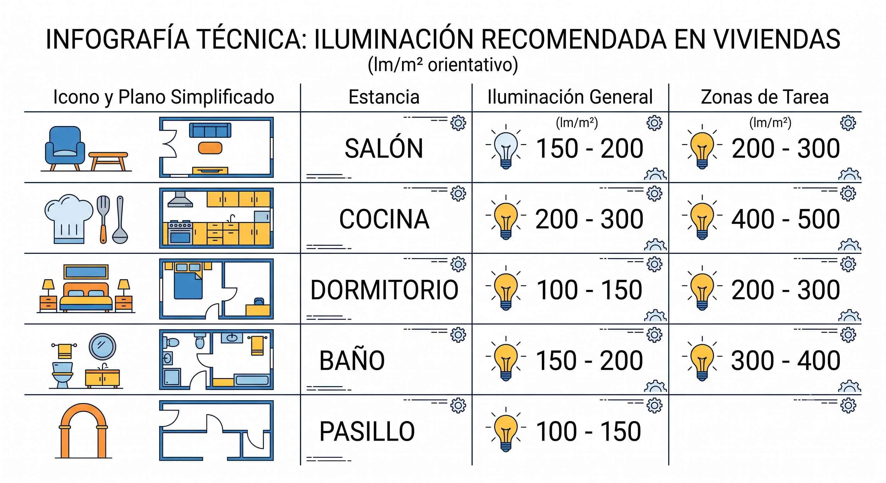 Tabla de lúmenes por m² recomendados según la estancia de la vivienda: salón, cocina, dormitorio, baño y pasillo