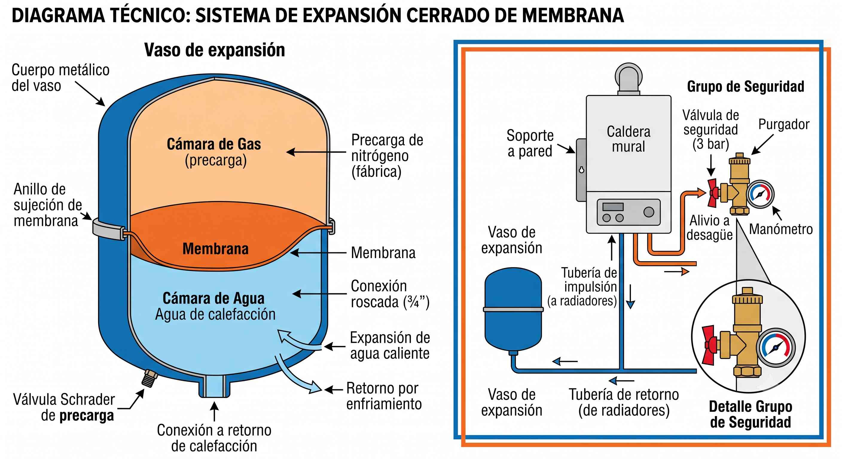 Diagrama técnico de un vaso de expansión cerrado de membrana y su instalación en un circuito de calefacción con caldera y grupo de seguridad