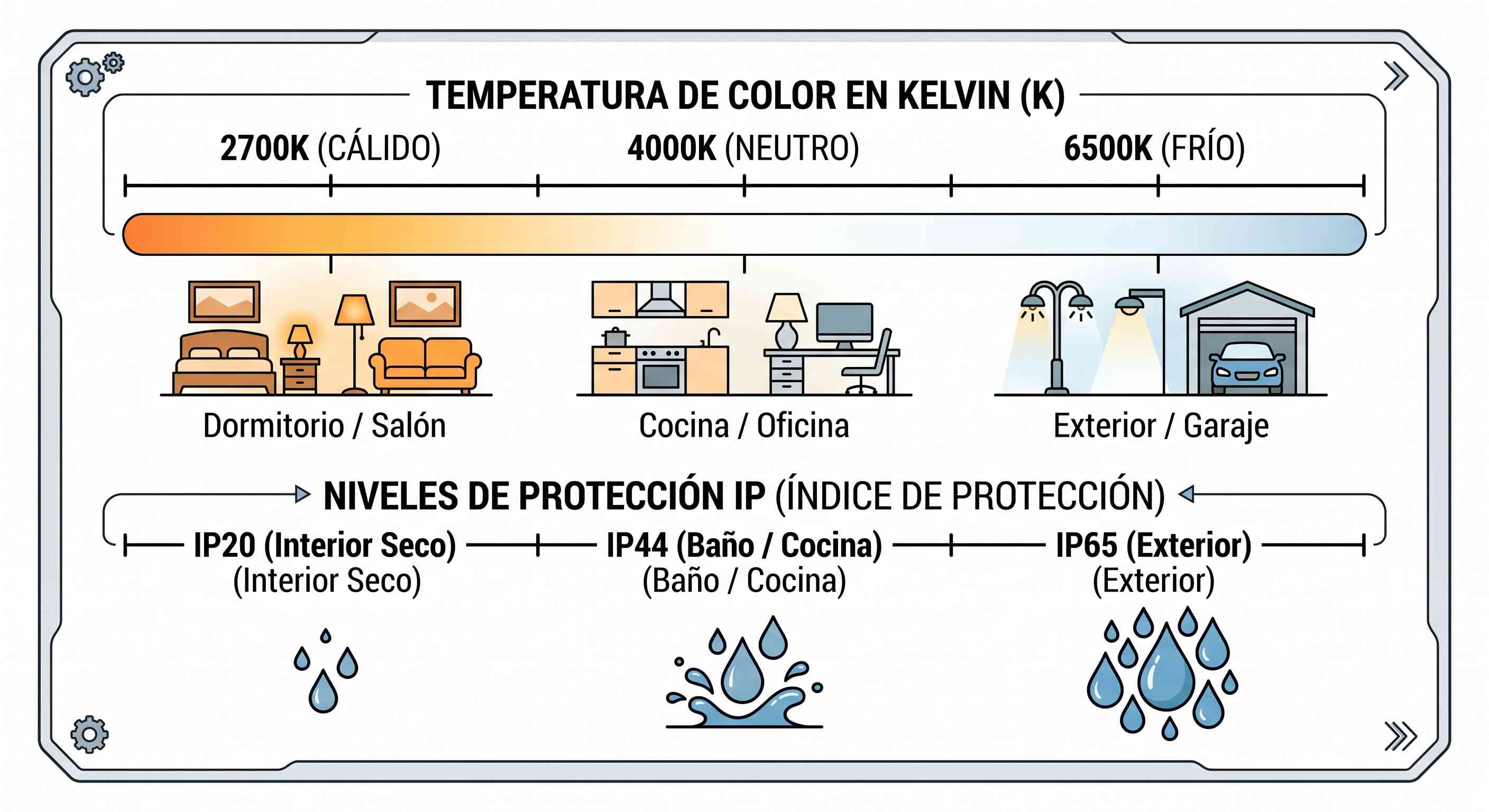 Escala de temperatura de color en Kelvin y escala de grados de protección IP para iluminación LED