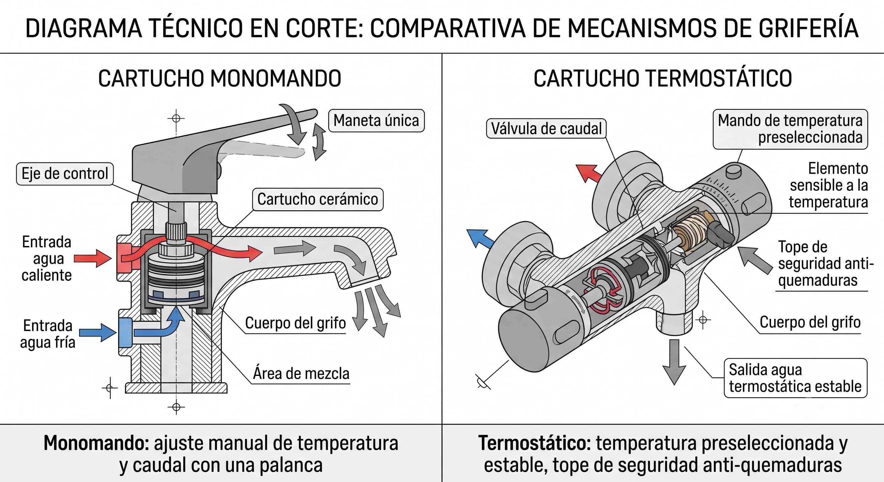 Comparativa en corte del mecanismo interno de un grifo monomando y un grifo termostático