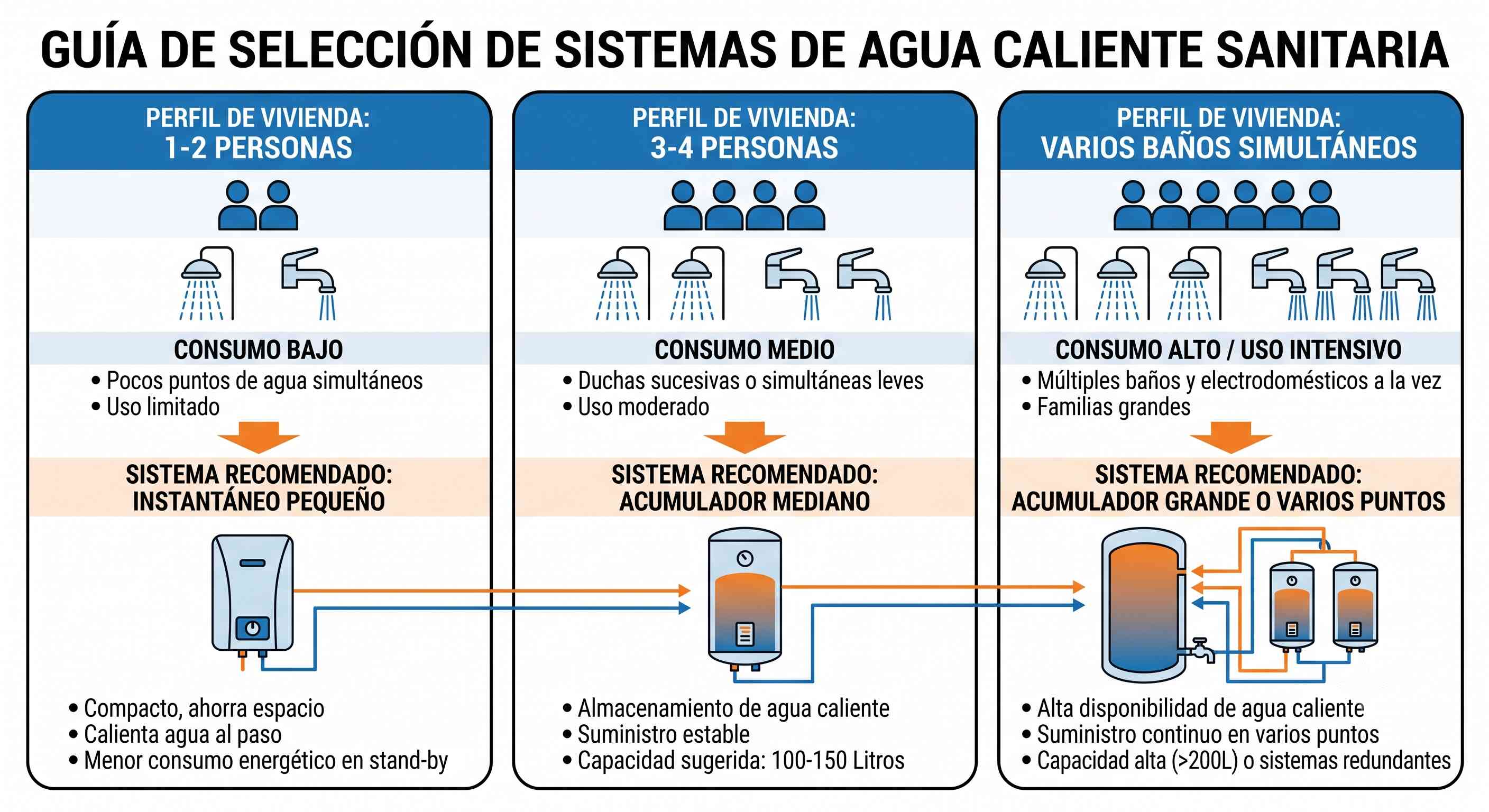 Guía de selección del sistema de agua caliente recomendado según el perfil de vivienda y número de personas