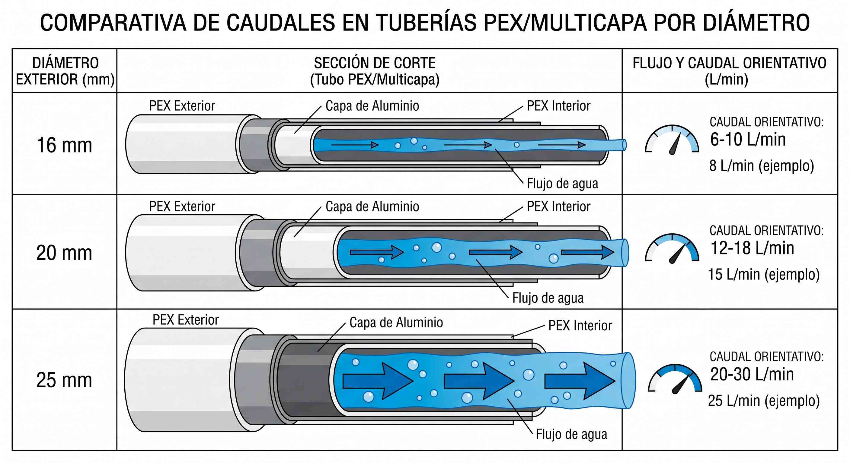 Comparativa de caudal orientativo según el diámetro de tubería PEX/multicapa: 16mm, 20mm y 25mm