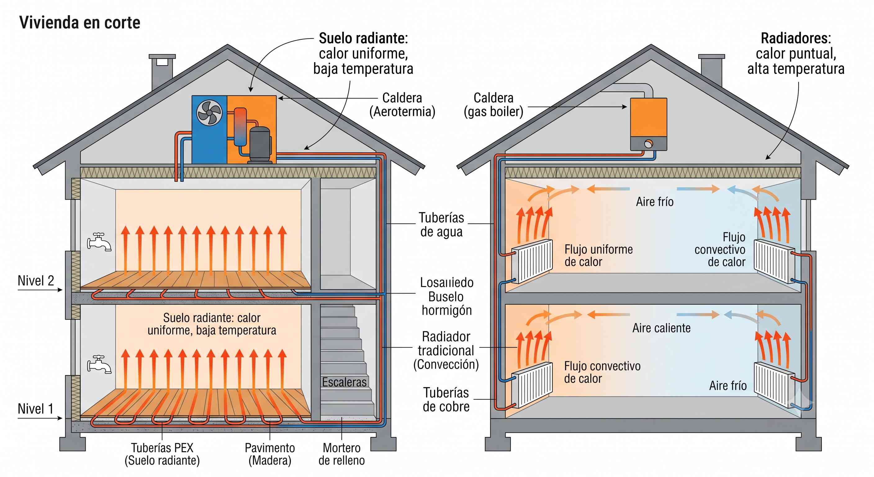 Comparativa en corte de una vivienda con suelo radiante (calor uniforme por el suelo) y radiadores tradicionales (calor por convección)
