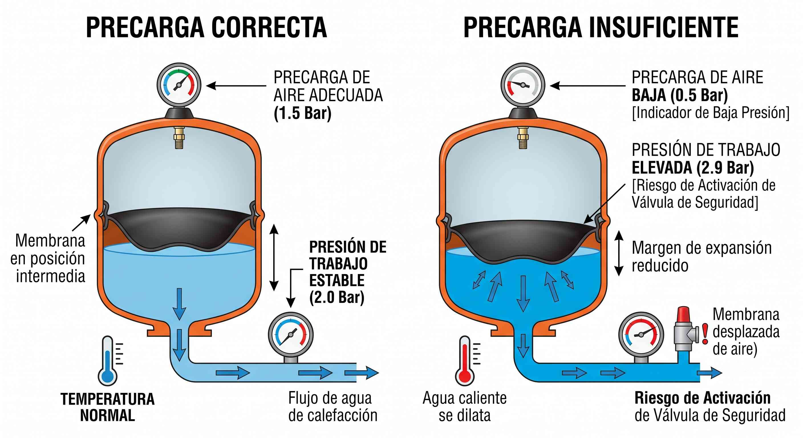 Comparativa entre precarga correcta e insuficiente en un vaso de expansión de calefacción
