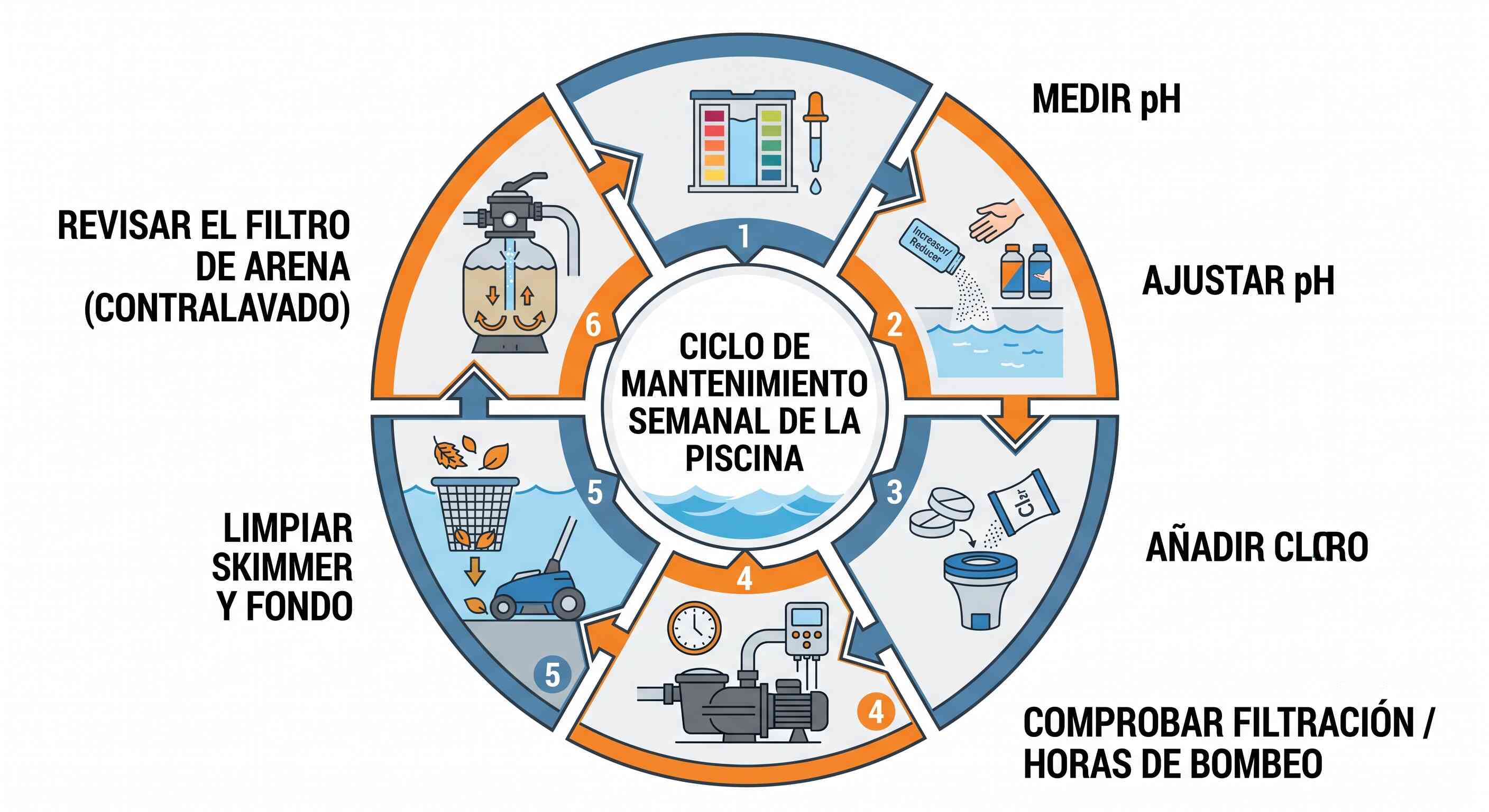 Ciclo de mantenimiento semanal de una piscina: medir pH, ajustar pH, añadir cloro, filtración, limpieza y revisión del filtro