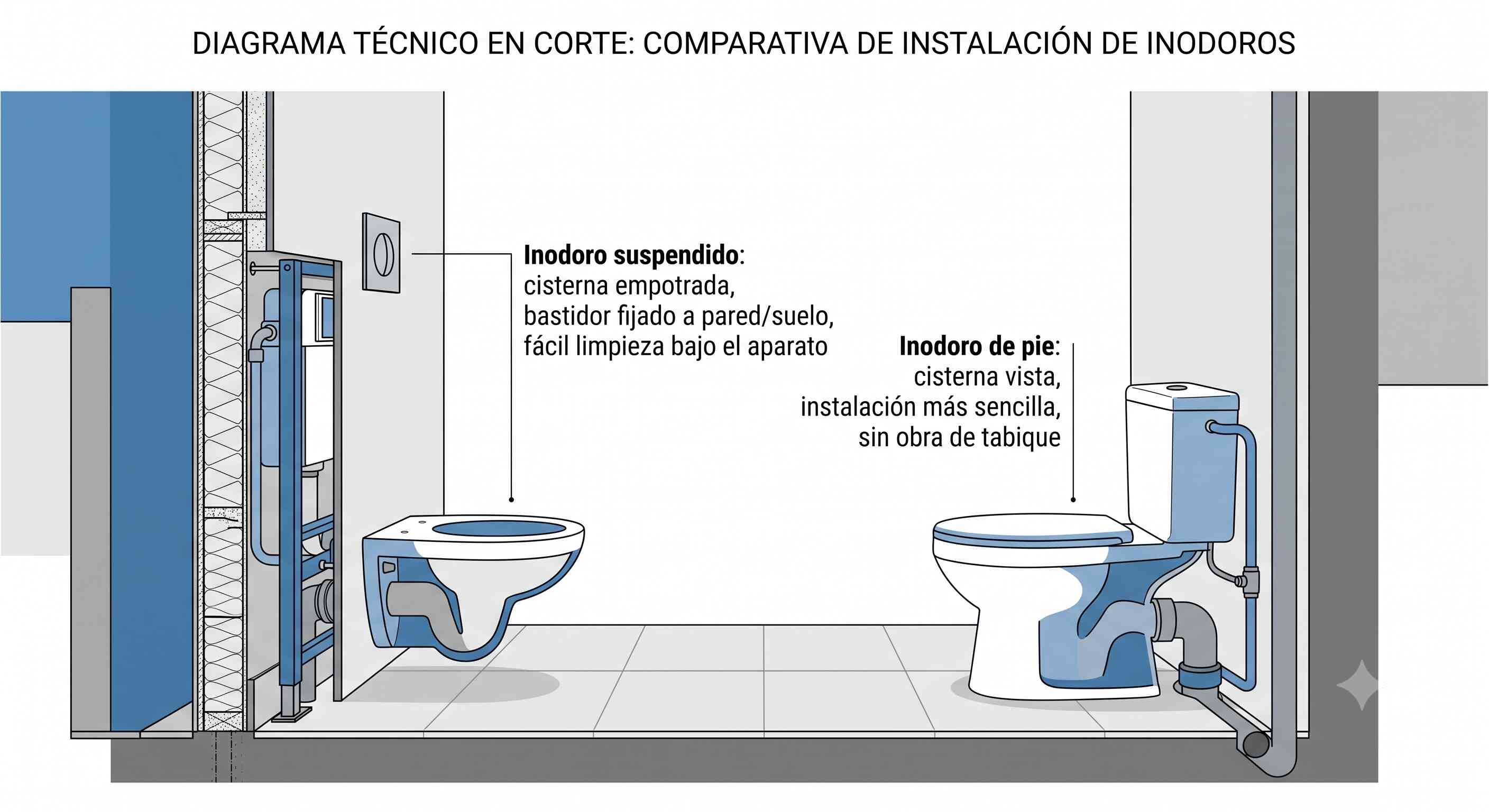 Comparativa en corte entre inodoro suspendido con cisterna empotrada e inodoro de pie con cisterna vista