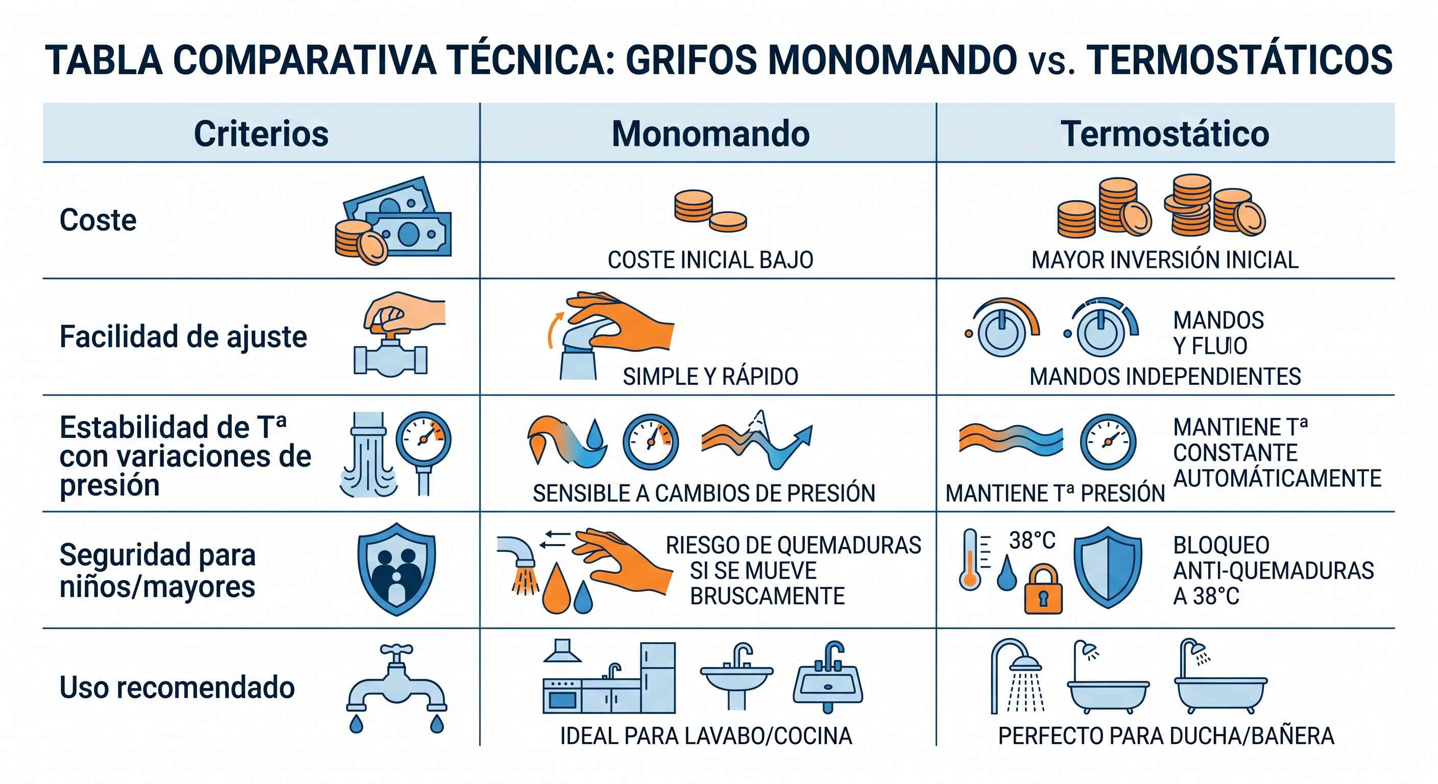 Tabla comparativa entre grifo monomando y termostático: coste, ajuste, estabilidad de temperatura, seguridad y uso recomendado